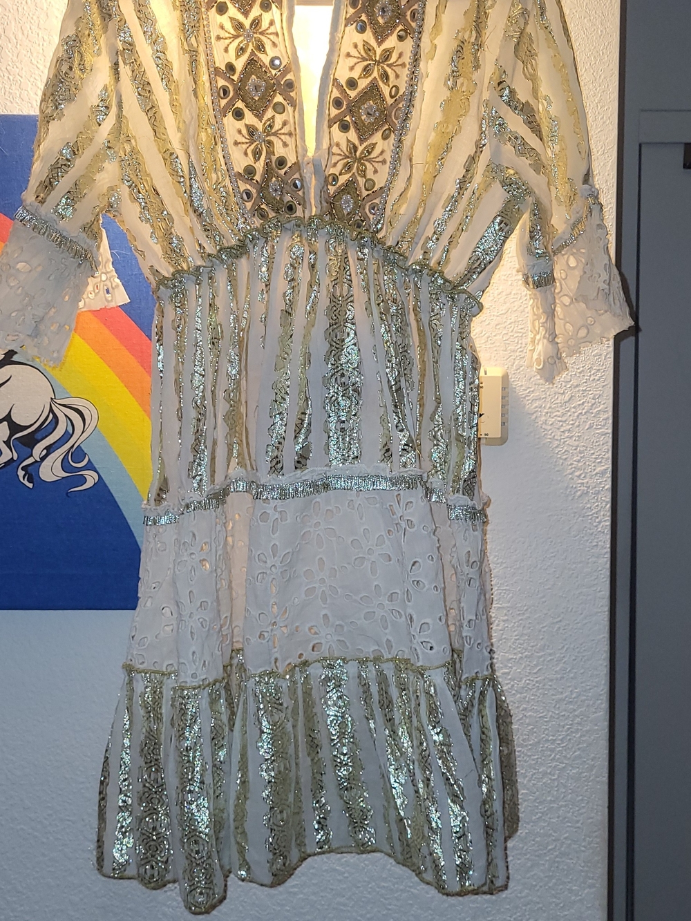 Women’s Embroidered V-Neck White & Gold Tiered Dress